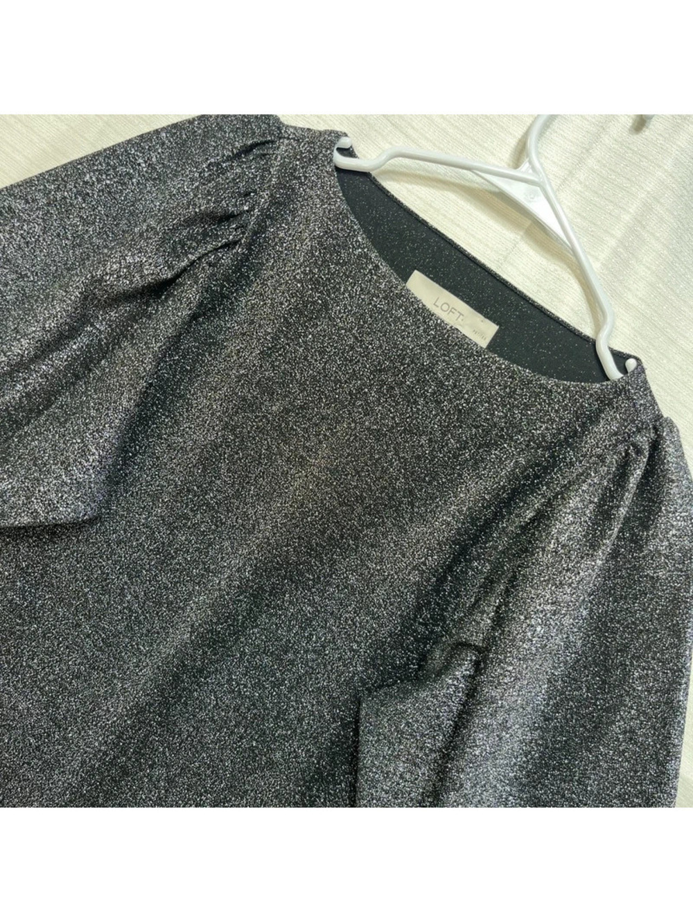 LOFT Petites Sparkly Black Puff Sleeve Top Size SP